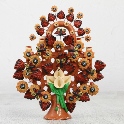Ceramic sculpture, 'Calla Lily Tree' - Handcrafted Ceramic Blooming Tree with Butterflies