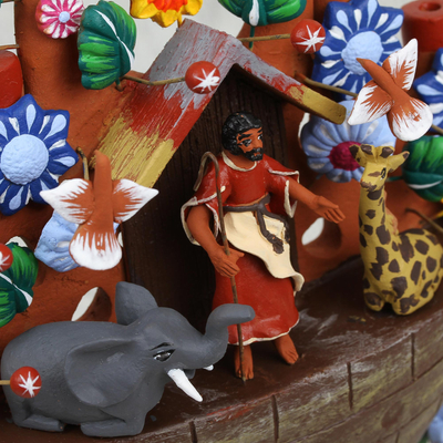 Keramikskulptur - Handgefertigter Lebensbaum aus Keramik mit der Arche Noah und Tauben