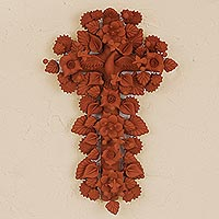 Ceramic wall cross, 'Spirit of Beauty' - Handcrafted Terracotta Ceramic Cross Wall Sculpture