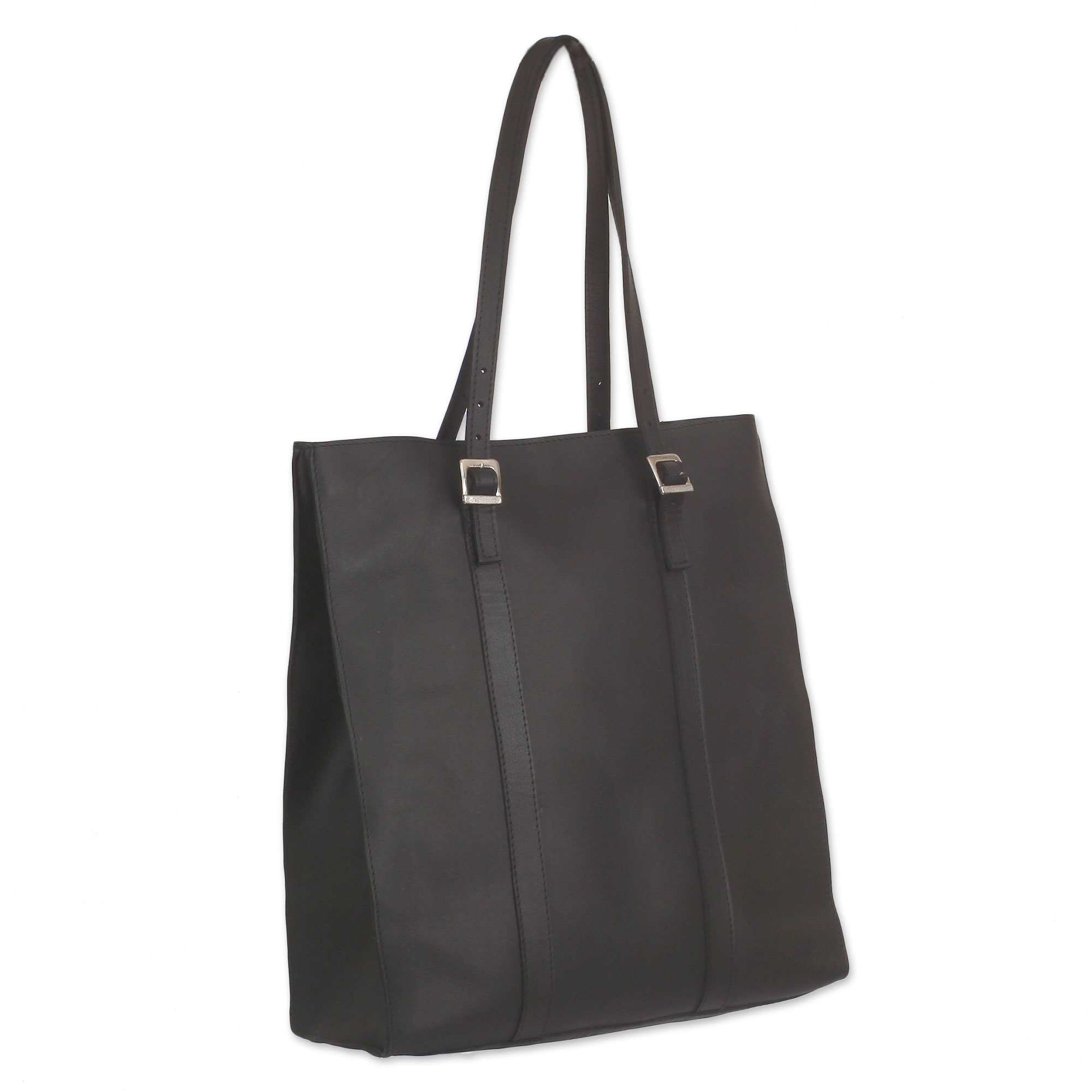 Handcrafted Black Leather Tote Bag with Adjustable Straps - Market Chic ...