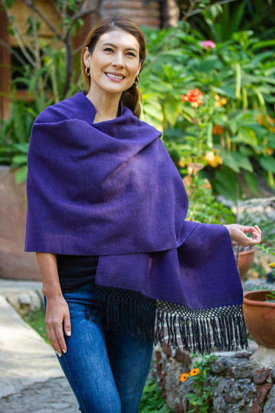 Zapotec cotton rebozo shawl, 'Striped Diamonds in Purple' - Zapotec Purple and Black Diamond Striped Cotton Rebozo