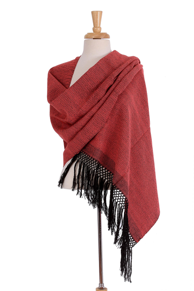 Zapotec cotton rebozo shawl, 'Striped Diamonds in Red' - Handwoven Red and Black Diamond Striped Cotton Rebozo