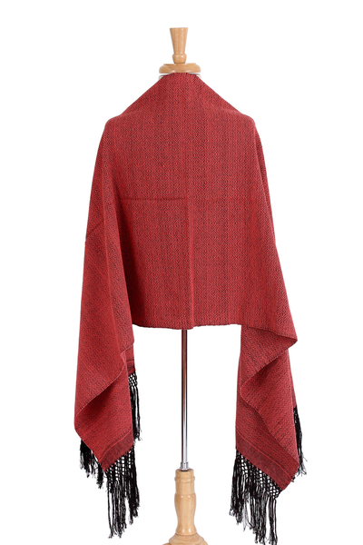 Zapotec cotton rebozo shawl, 'Striped Diamonds in Red' - Handwoven Red and Black Diamond Striped Cotton Rebozo