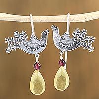 Amber and garnet drop earrings, 'Bird Glory' - Sterling Silver Bird Drop Earrings with Amber and Garnet