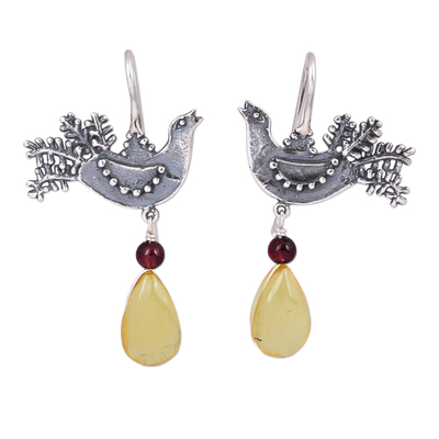 Sterling Silver Bird Drop Earrings with Amber and Garnet