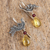 Amber and garnet drop earrings, 'Bird Glory' - Sterling Silver Bird Drop Earrings with Amber and Garnet