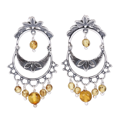 Sterling Silver and Amber Chandelier Earrings from Mexico