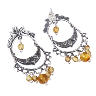 Amber chandelier earrings, 'Shimmering Cascade' - Sterling Silver and Amber Chandelier Earrings from Mexico