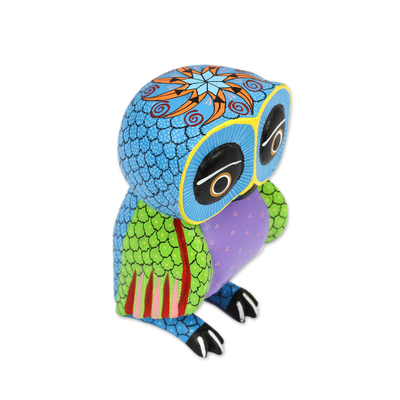 Wood alebrije figurine, 'Night Fantasy' - Wood Owl Sculpture with Hand Painted Star Design from Mexico