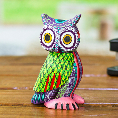 Wood alebrije figurine, 'Nocturnal Mystery' - Handmade Owl with Ear Tufts Alebrije Figurine from Mexico
