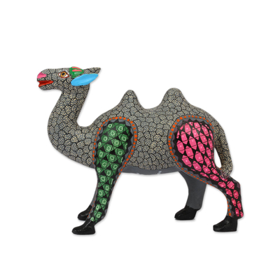 Wood alebrije figurine, 'Cheerful Camel' - Handcrafted Copal Wood Camel Alebrije Figurine in Grey