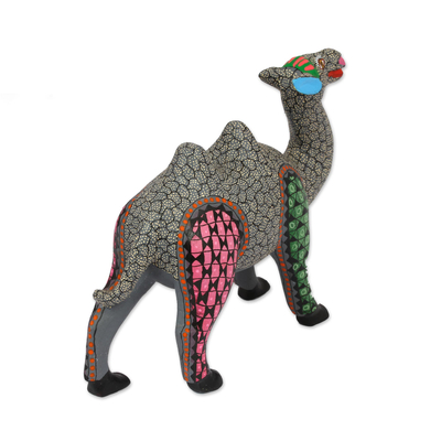Wood alebrije figurine, 'Cheerful Camel' - Handcrafted Copal Wood Camel Alebrije Figurine in Grey