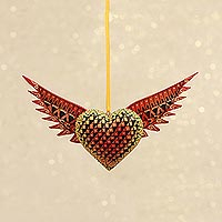Wood ornament, 'Wings of the Heart' - Copal Wood Heart Shaped Ornament from Mexico