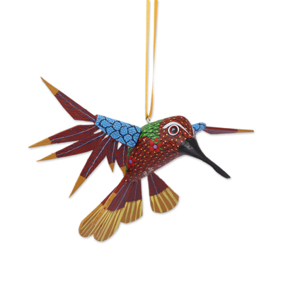 Wood alebrije ornament, 'Fanciful Flutter in Red' - Copal Wood Red Multicolor Alebrije Hummingbird Ornament
