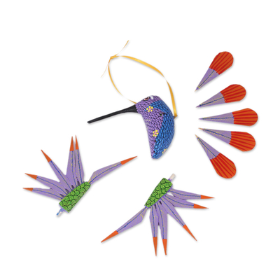 Adorno de alebrije de madera - Adorno de colibrí alebrije colorido púrpura de madera de copal