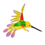 Wood alebrije ornament, 'Fanciful Flutter in Yellow' - Copal Wood Yellow Colorful Alebrije Hummingbird Ornament