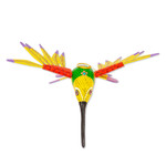Wood alebrije ornament, 'Fanciful Flutter in Yellow' - Copal Wood Yellow Colorful Alebrije Hummingbird Ornament
