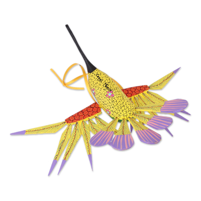 Wood alebrije ornament, 'Fanciful Flutter in Yellow' - Copal Wood Yellow Colorful Alebrije Hummingbird Ornament