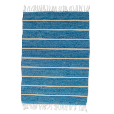 Wollteppich, (2,5x5) - Azurblau und Leinen gestreifter Wollteppich (2,5 x 5) aus Mexiko