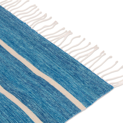 Wool area rug, 'Azure Stripes' (2.5x5) - Azure and Linen Striped Wool Area Rug (2.5x5) from Mexico