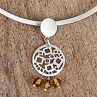 Amber collar necklace, 'Geometric Expressions' - Amber and Sterling Silver Circles Pendant Collar Necklace