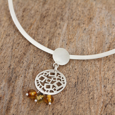 Amber collar necklace, 'Geometric Expressions' - Amber and Sterling Silver Circles Pendant Collar Necklace