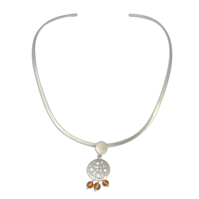 Amber collar necklace, 'Geometric Expressions' - Amber and Sterling Silver Circles Pendant Collar Necklace