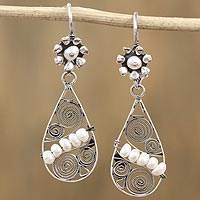Cultured pearl dangle earrings, 'Pearls in the Wind' - Cultured Pearl and Sterling Silver Teardrop Dangle Earrings