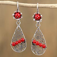Sterling silver dangle earrings, 'Fiery Tears' - Red Glass Bead and Sterling Silver Teardrop Dangle Earrings