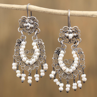 Cultured pearl chandelier earrings, 'Ballroom Splendor' - Cultured Pearl Sterling Silver Scroll Chandelier Earrings