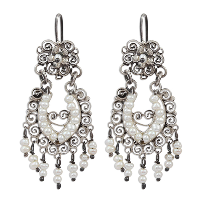 Cultured pearl chandelier earrings, 'Ballroom Splendor' - Cultured Pearl Sterling Silver Scroll Chandelier Earrings