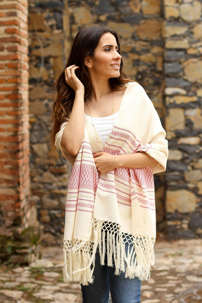 Zapotec cotton rebozo shawl, 'Morning Rose' - Off-White and Fuchsia Striped Handwoven Cotton Rebozo