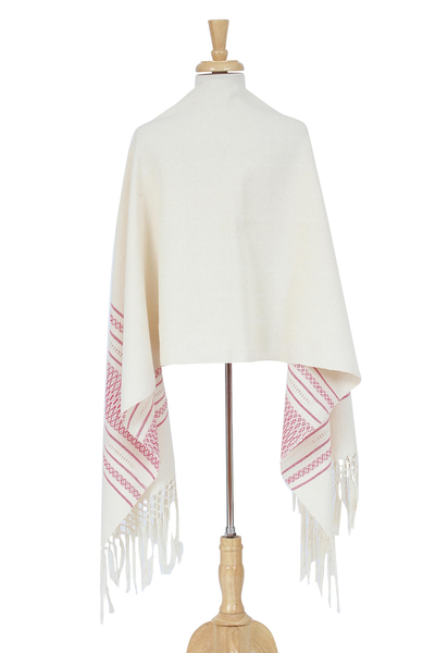 Zapotec cotton rebozo shawl, 'Morning Rose' - Off-White and Fuchsia Striped Handwoven Cotton Rebozo