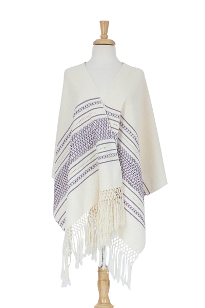 Zapotec cotton rebozo shawl, 'Daylight Sky' - Off-White and Purple Striped Handwoven Cotton Rebozo