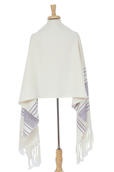 Zapotec cotton rebozo shawl, 'Daylight Sky' - Off-White and Purple Striped Handwoven Cotton Rebozo