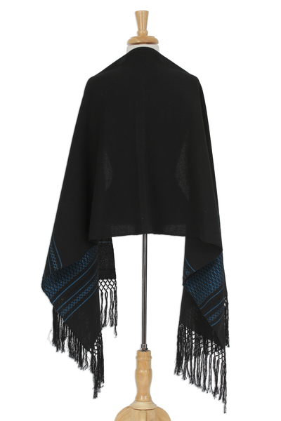 Rebozo-Schal aus Zapotec-Baumwolle - 100 % Baumwolle, handgewebt, Schwarz mit blauen Streifen, Rebozo
