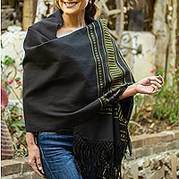 Zapotec cotton rebozo shawl, 'Night Band in Yellow'