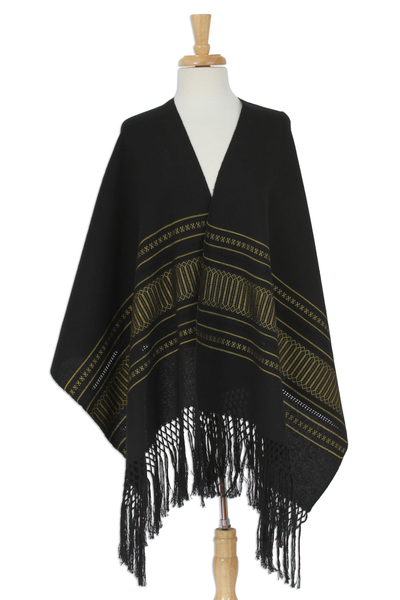 Zapotec cotton rebozo shawl, 'Night Band in Yellow' - 100% Cotton Handwoven Black with Yellow Stripes Rebozo