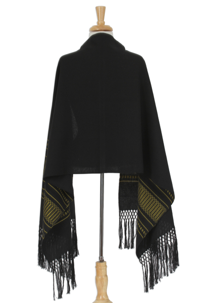 Rebozo-Schal aus Zapotec-Baumwolle - 100 % Baumwolle, handgewebt, Schwarz mit gelben Streifen, Rebozo
