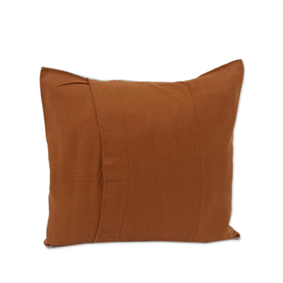 Cotton cushion cover, 'Earthen Trellis' - Spice Brown and Grey Diamond Brocade Cotton Cushion Cover