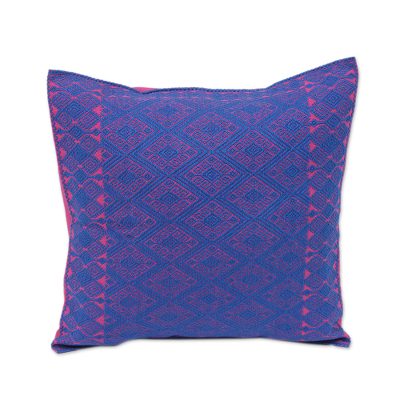 Cotton cushion cover, 'Felicity' - Blue and Fuchsia Diamond Brocade Cotton Cushion Cover