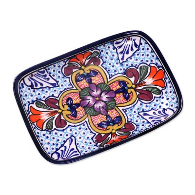Ceramic serving plate, 'Radiant Flowers' - Mexican Talavera Style Floral Serving Platter