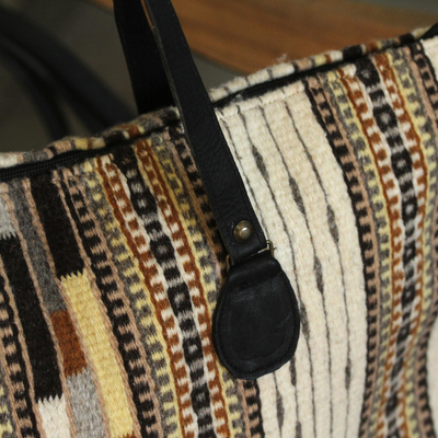 Leather accent Zapotec wool tote, 'Earthy Zapotec' - Handwoven Zapotec Wool Tote Handbag from Mexico