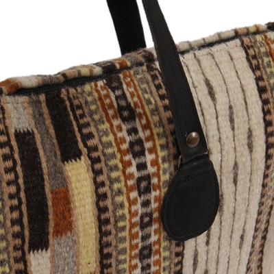 Tragetasche aus Zapotec-Wolle mit Lederakzenten - Handgewebte Tote-Handtasche aus Zapotec-Wolle aus Mexiko