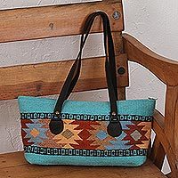 Leather accent Zapotec wool shoulder bag, 'Elegant Geometry' - Handwoven Geometric Shoulder Bag from Mexico