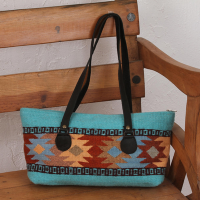 Umhängetasche aus Zapotec-Wolle mit Lederakzenten - Handgewebte geometrische Umhängetasche aus Mexiko