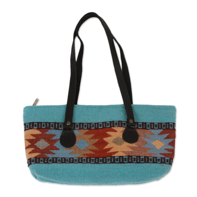 Bolso de hombro de lana zapoteca con detalles de cuero - Bolso de hombro geométrico tejido a mano de México