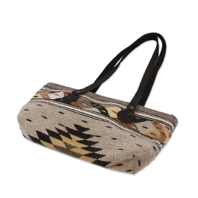 Leather accent Zapotec wool shoulder bag, 'Earth Geometry' - Earth-Tone Zapotec Wool Shoulder Bag from Mexico