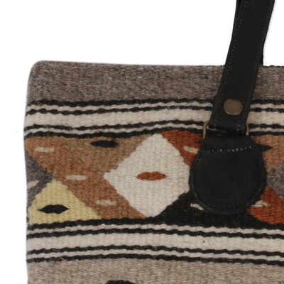 Leather accent Zapotec wool shoulder bag, 'Earth Geometry' - Earth-Tone Zapotec Wool Shoulder Bag from Mexico