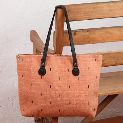 Leather accent Zapotec wool tote, 'Peachy Rainbow' - Handwoven Wool Tote in Peach from Mexico